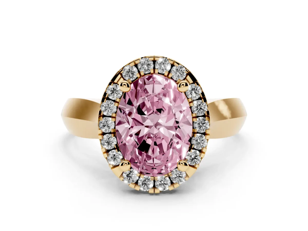 Fancy Pink Oval Cut Cut Halo Solitaire Engagement Ring with Square Band and Four-Prong Setting Yellow gold