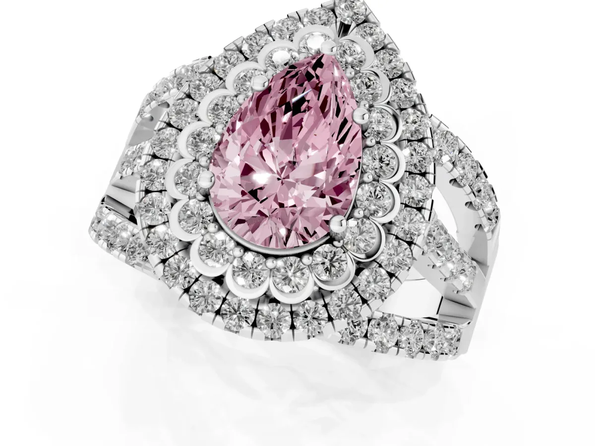 Fancy Pink Pear Cut Diamond Double Halo Ring with Round Pavé Split Shank and Prong Setting Silver