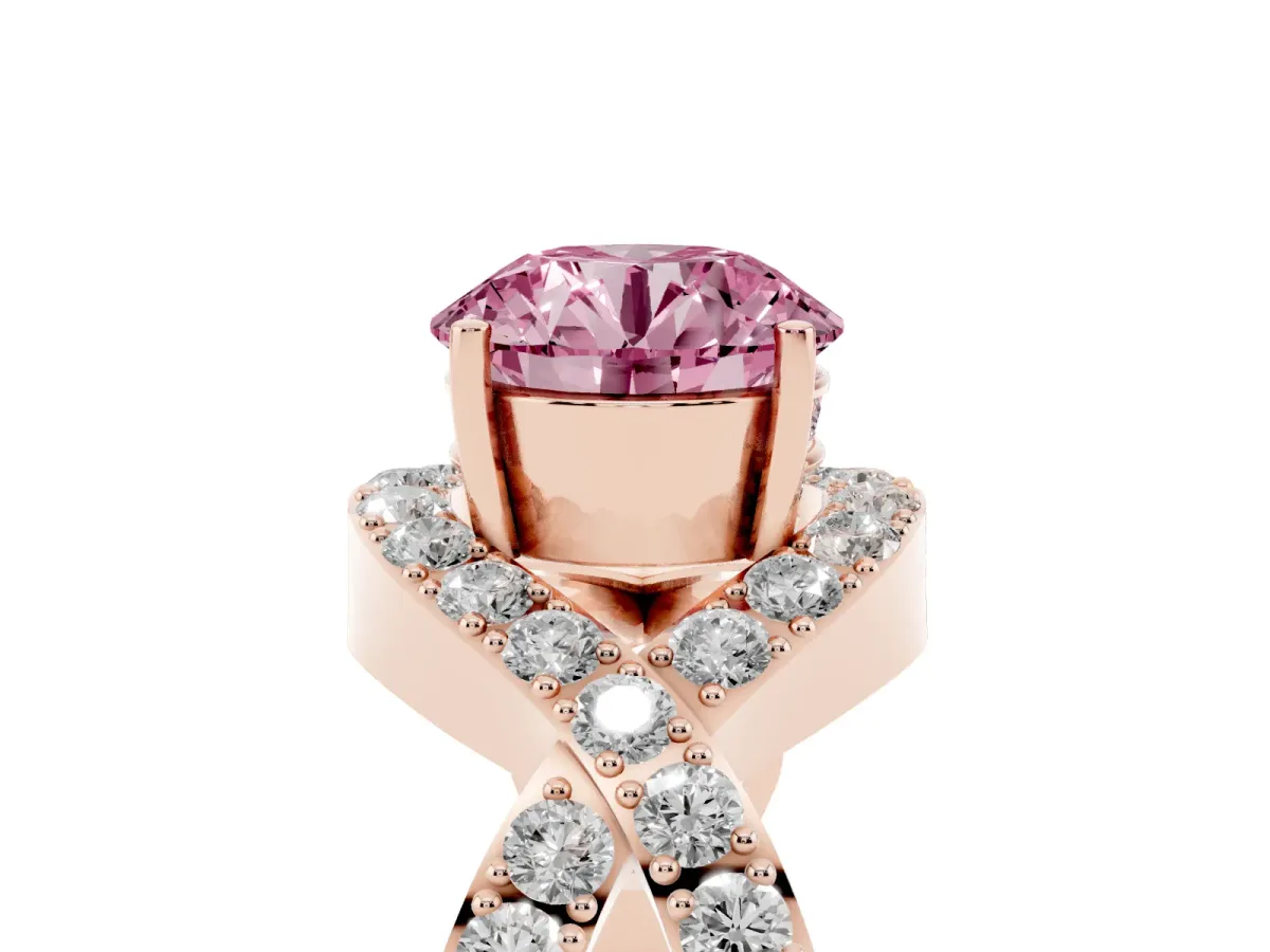Fancy Pink Round Cut Solitaire Twist Band Pavé Diamond Engagement Ring Rose gold