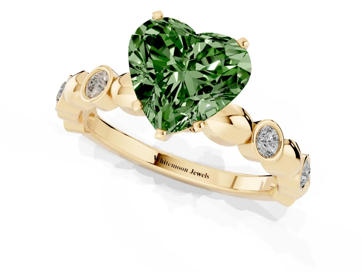 Fancy Green Heart Cut Solitaire Bezel-Set Diamond Ring with Beaded Band and Four-Prong Setting Yellow gold