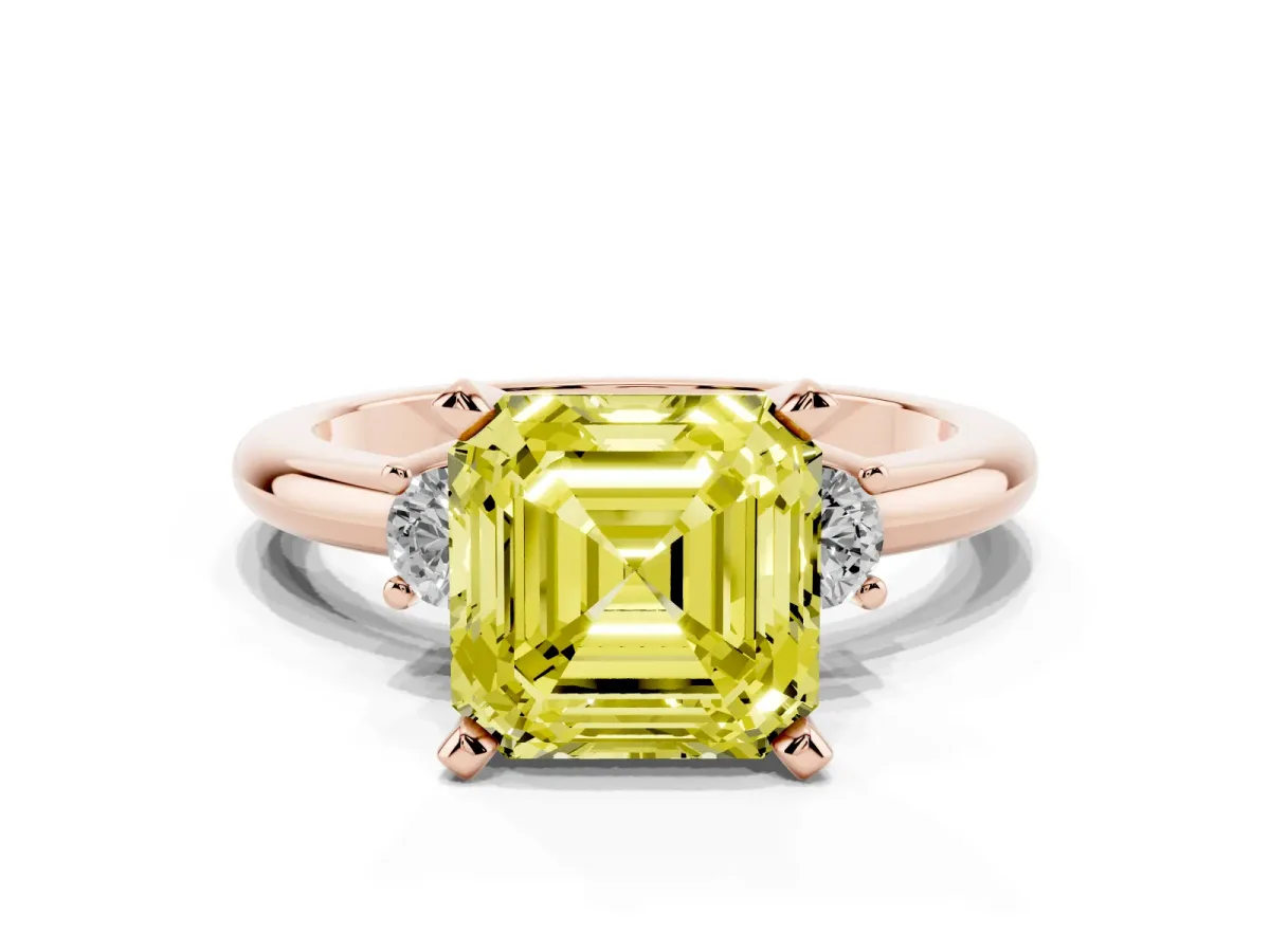 Fancy Yellow Three-Stone Asscher Cut Cut Diamond Solitaire with Prong Setting and Classic Band Rose gold