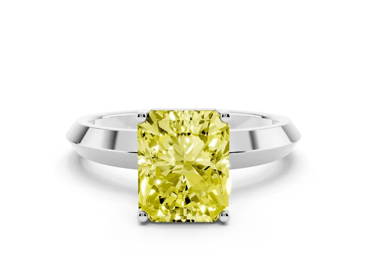 Fancy Yellow Radiant Cut Cut Solitaire Engagement Ring with Flat Band and Four-Prong Setting Platinum