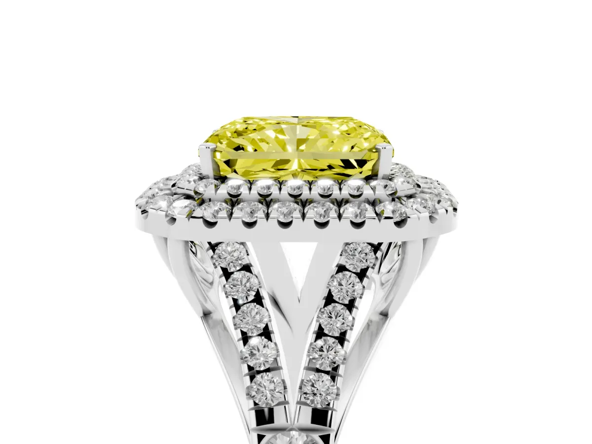 Fancy Yellow Double Halo Radiant Cut Diamond Split Shank Engagement Ring with Four-Prong Setting Silver