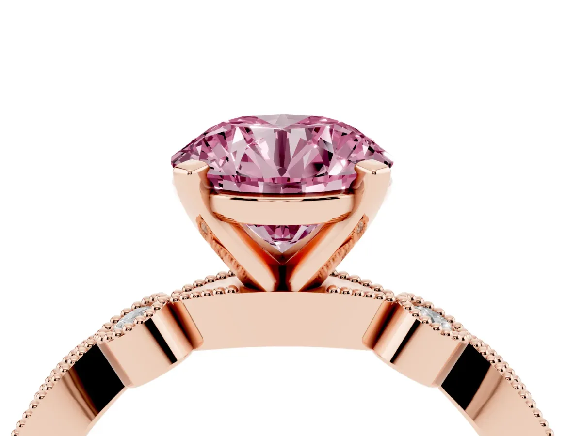 Fancy Pink Round Cut Milgrain Bezel Diamond Engagement Ring with Solitaire Prong Setting Rose gold