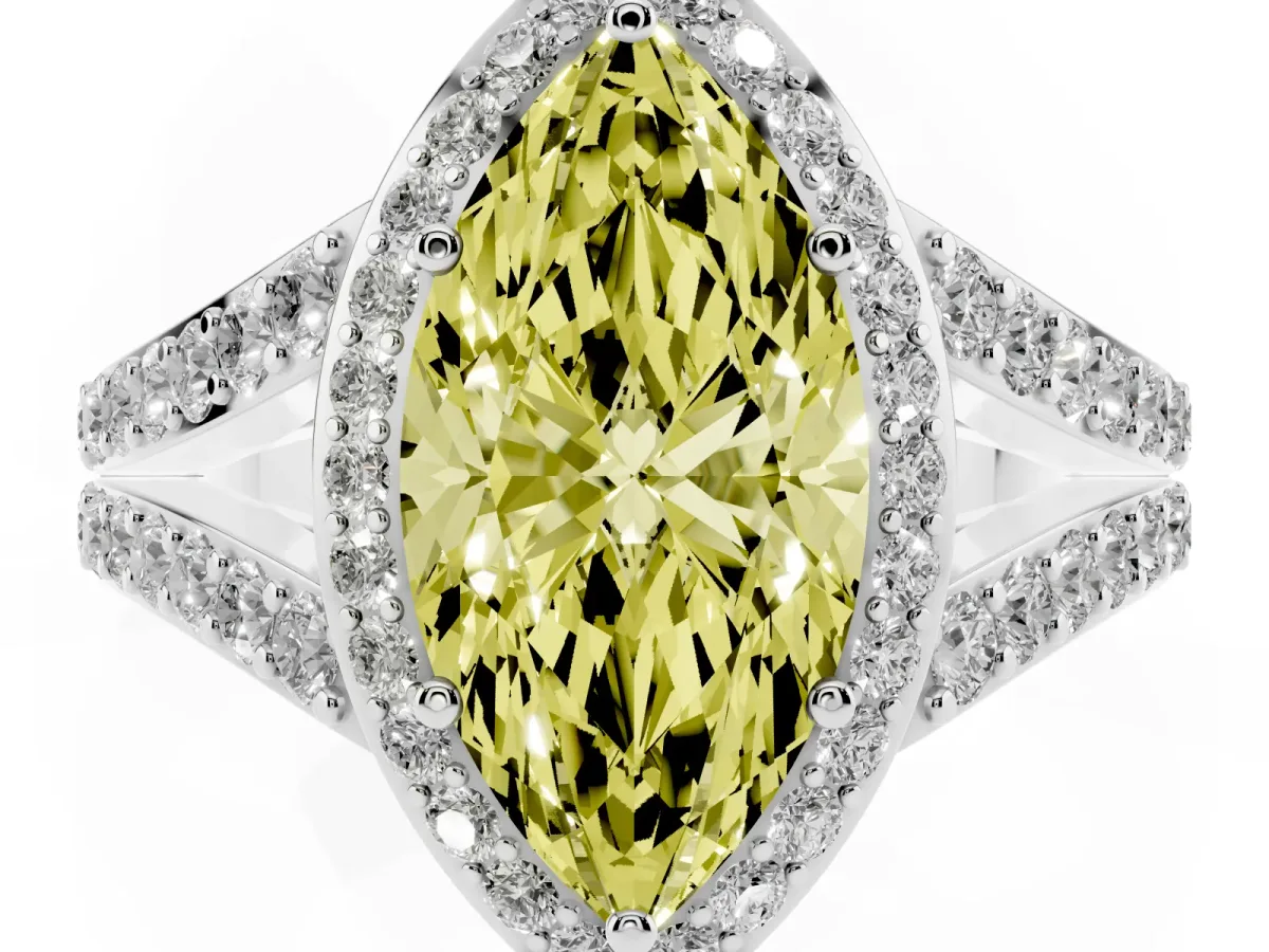 Fancy Yellow Marquise Cut Diamond Split Shank Halo Ring with Four-Prong Setting Silver