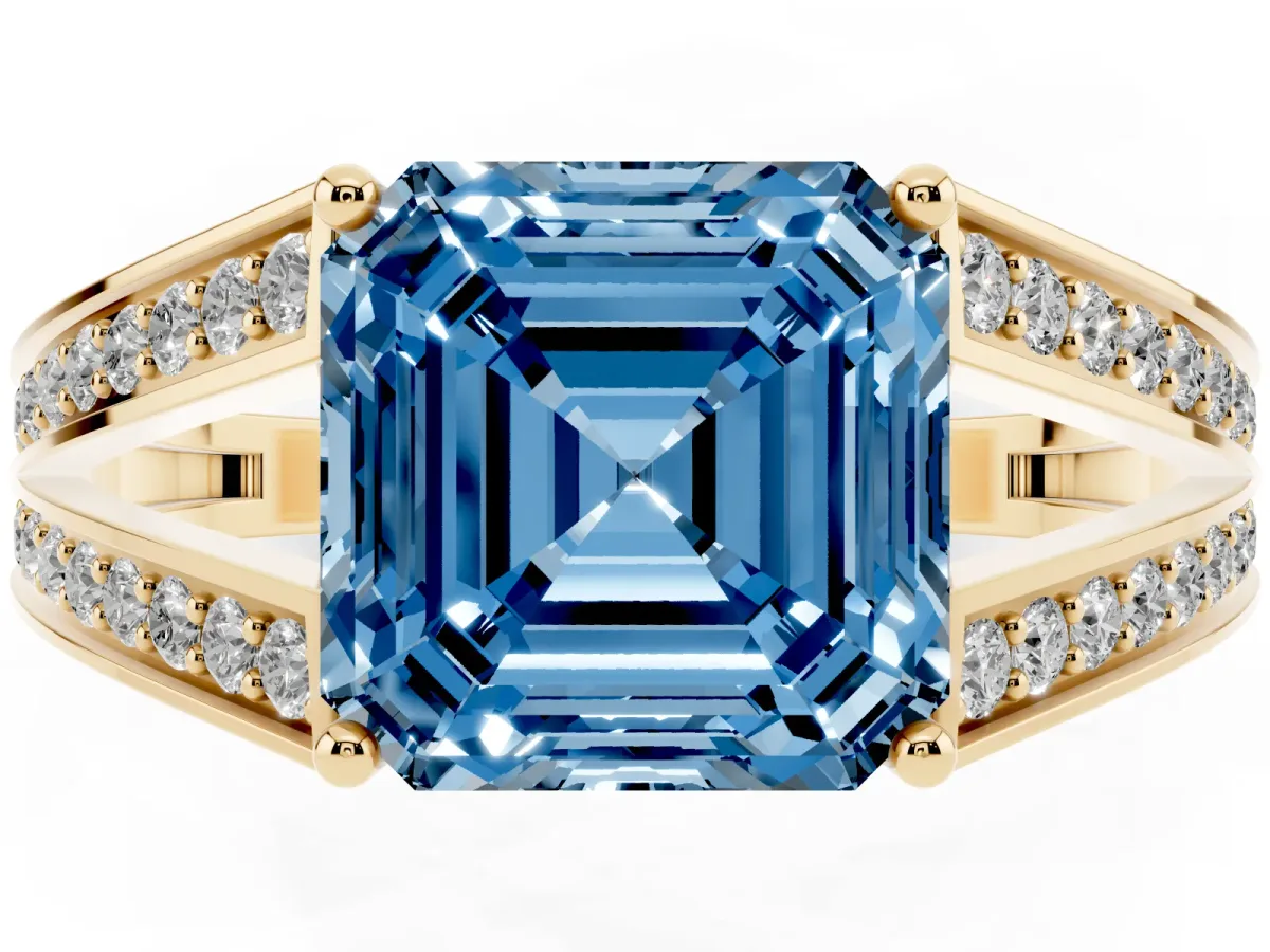 Fancy Blue Asscher Cut Diamond Split Shank Ring with Pavé Band and Four-Prong Setting Yellow gold