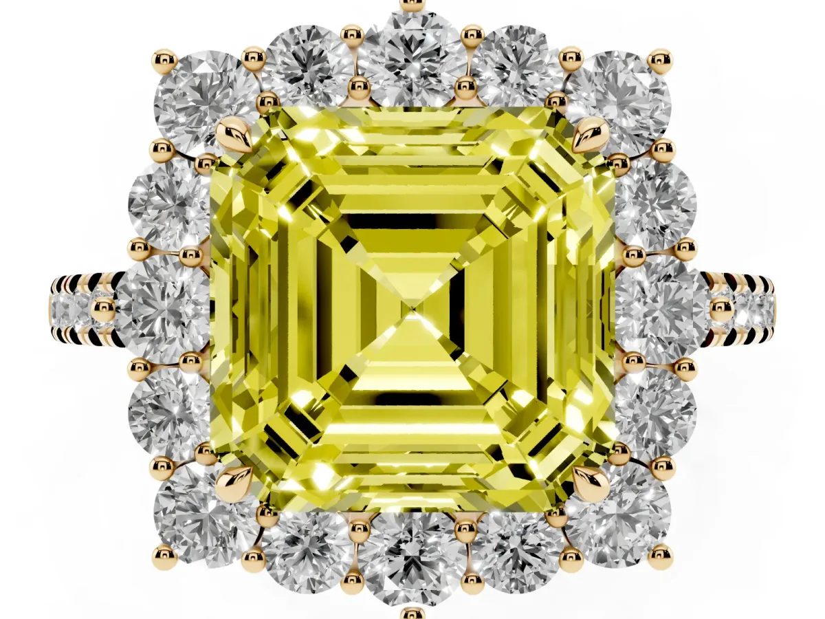 Fancy Yellow Asscher Cut Halo Diamond Ring with Pavé Band and Prong Setting Yellow gold