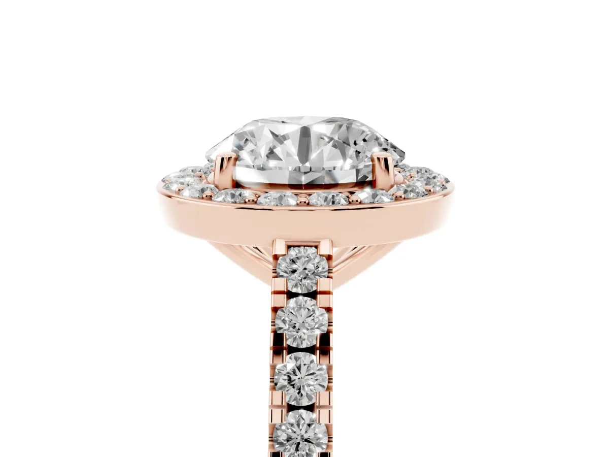 Round Cut Diamond Halo Ring with Round Pavé Split Shank and Prong Setting Rose gold