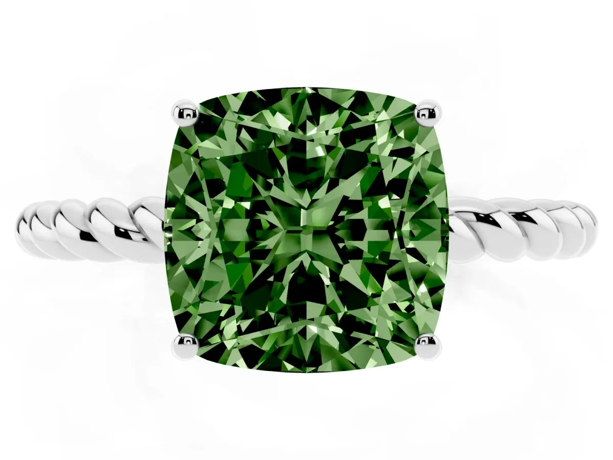 Fancy Green Cushion Cut Solitaire Twisted Band 4-Prong Ring Platinum