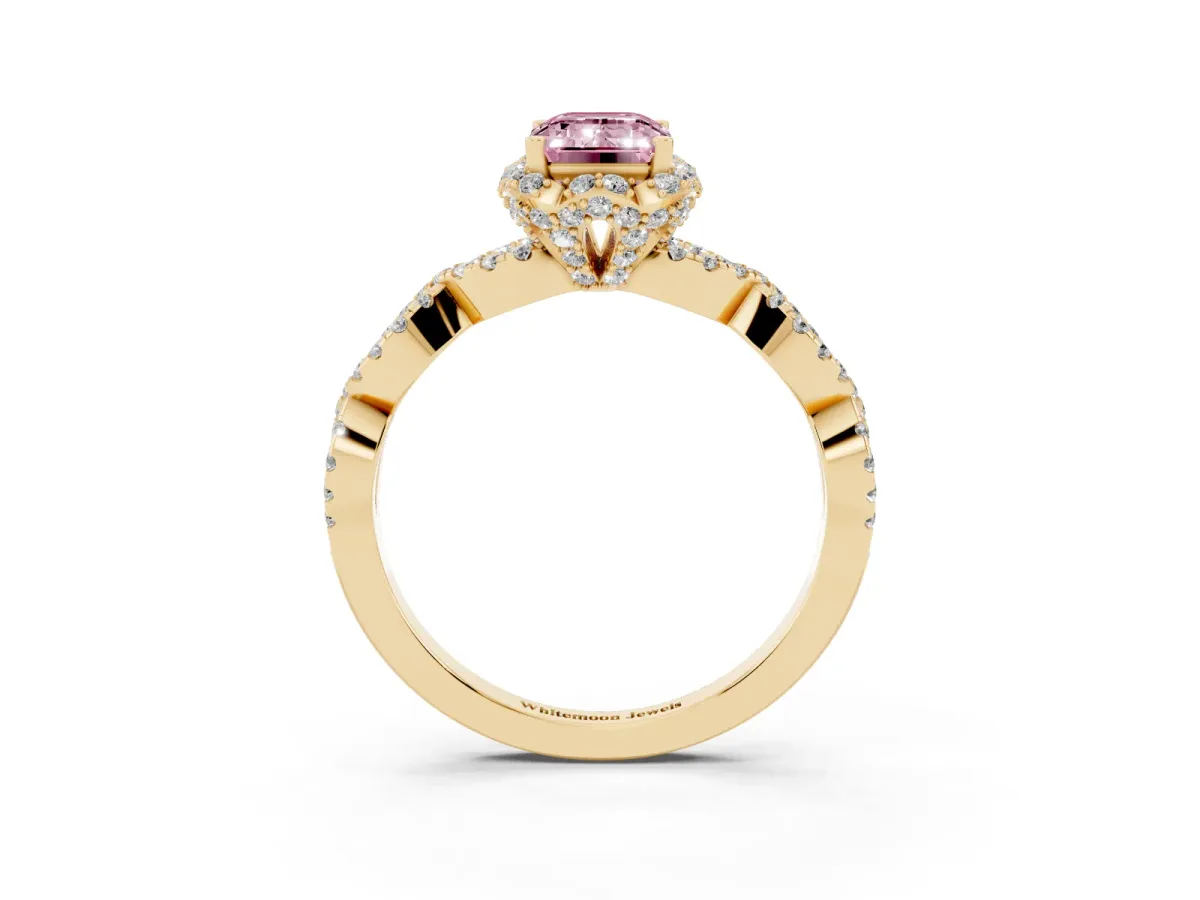 Fancy Pink Emerald Cut Halo Twist Band Solitaire Ring with Six-Prong Setting Yellow gold