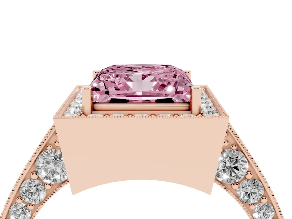 Fancy Pink Princess Cut Halo Diamond Engagement Ring with Split Shank Band and Four-Prong Setting Rose gold