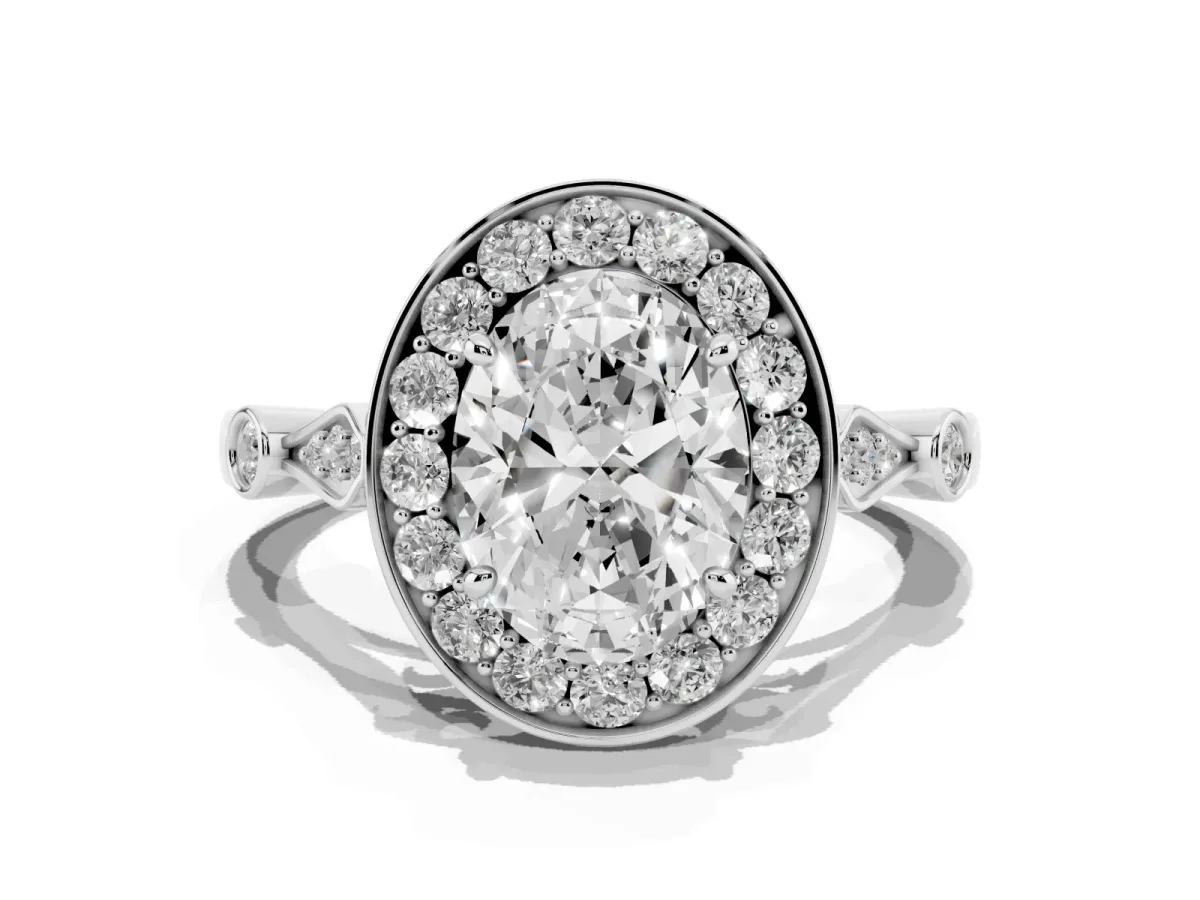 Oval Cut Halo Diamond Engagement Ring with Twisted Band and Four-Prong Setting Silver