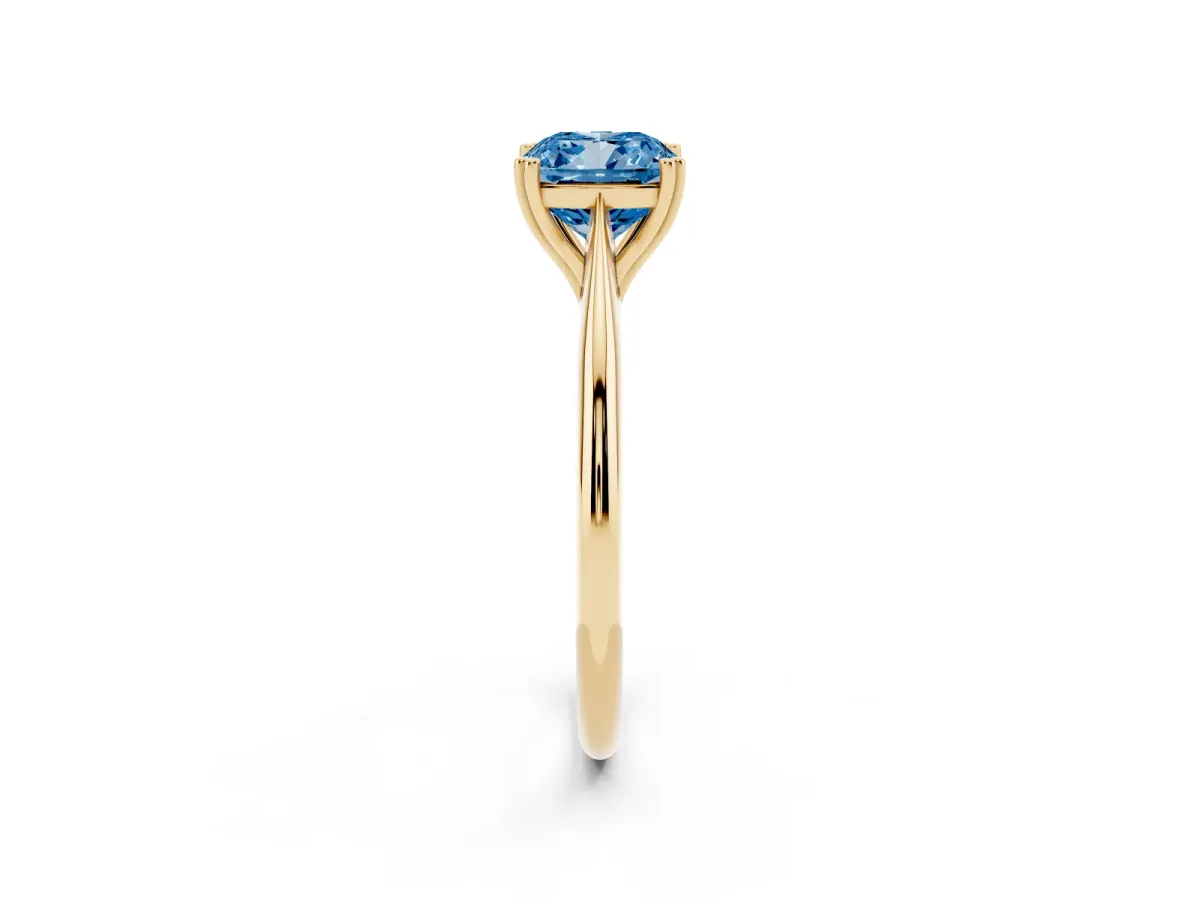 Fancy Blue Cushion Cut Solitaire Diamond Ring with Six-Prong Setting and Classic Band Yellow gold