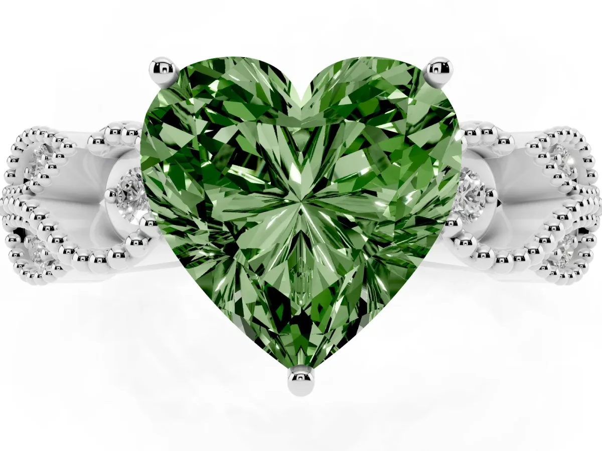 Fancy Green Heart Cut Solitaire Milgrain Leaf Band with Prong Setting Silver
