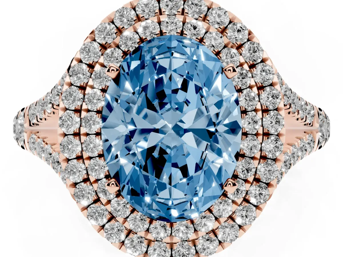 Fancy Blue Double Halo Oval Cut Diamond Split Shank Engagement Ring with Four-Prong Setting Rose gold