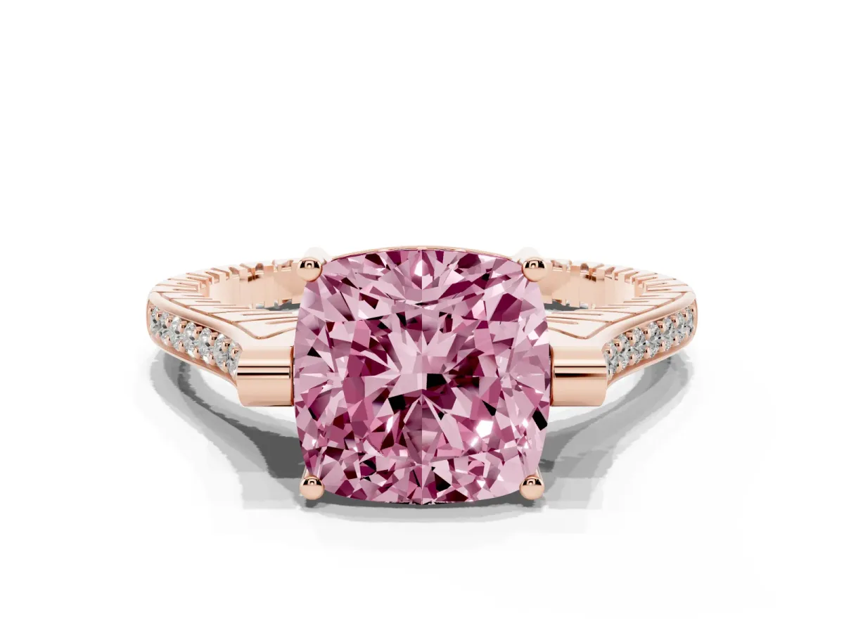 Fancy Pink Cushion Cut Solitaire Diamond Ring with Channel Set Band and Bezel Prong Setting Rose gold