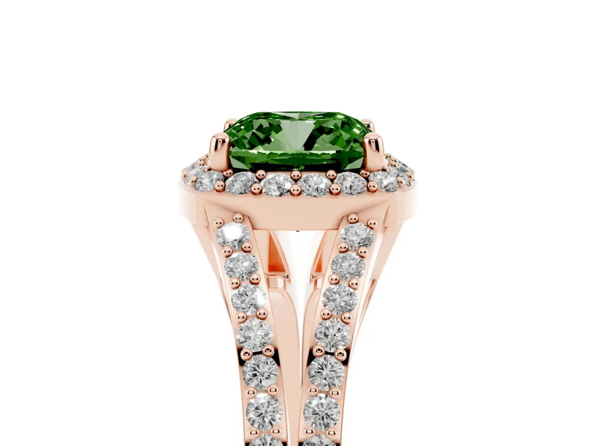 Fancy Green Cushion Cut Halo Split Shank Pave Diamond Ring with Four-Prong Setting Rose gold