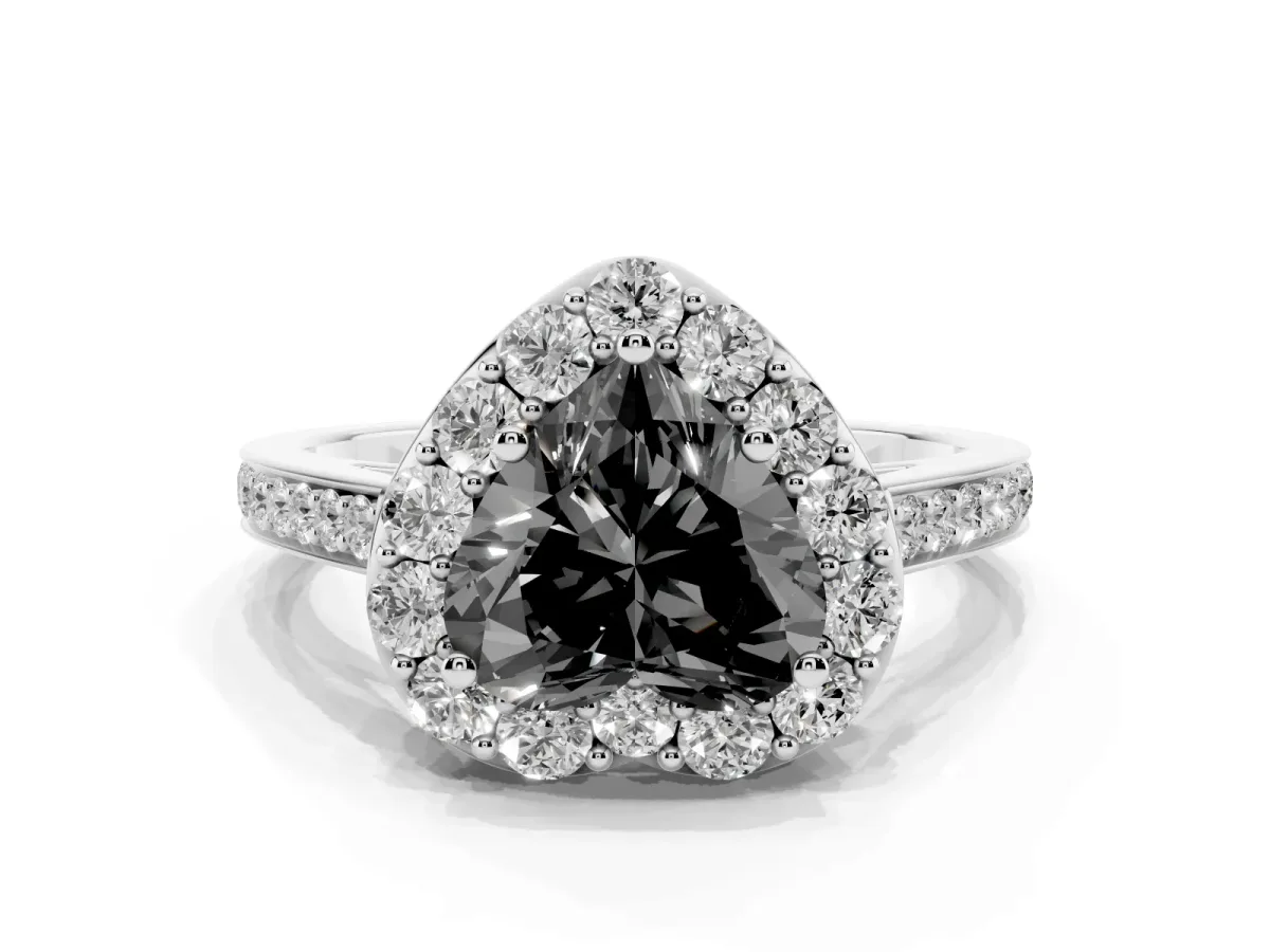 Fancy Black Heart Cut Diamond Floral Halo Ring with Pavé Band and Prong Setting White gold