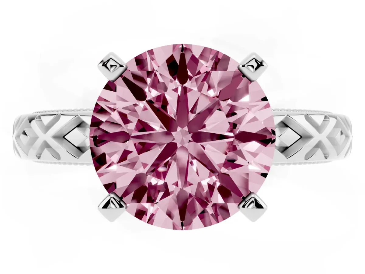 Fancy Pink Round Cut Solitaire Diamond Ring with Milgrain and Black Enamel X Pattern Band Silver
