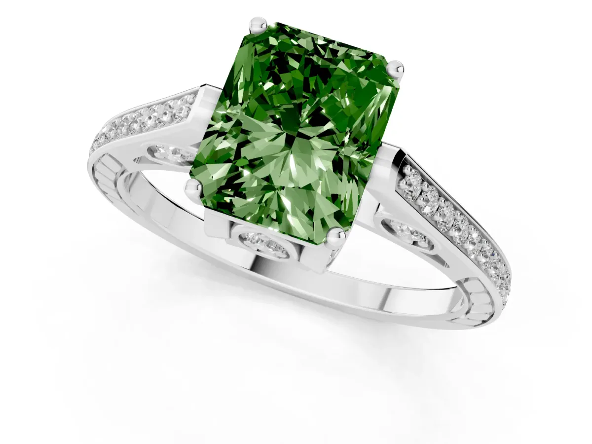 Fancy Green Radiant Cut Cut Cathedral Pave Diamond Engagement Ring with Six-Prong Setting Silver
