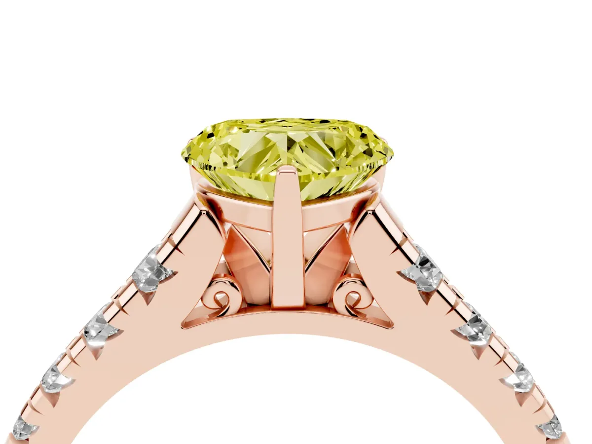 Fancy Yellow Heart Cut Diamond Cathedral Solitaire Ring with Round Pavé Band Rose gold