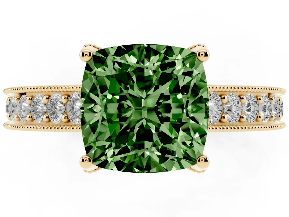Fancy Green Cushion Cut Cut Diamond Solitaire Ring with Milgrain Pave Band and Four Prong Setting Yellow gold