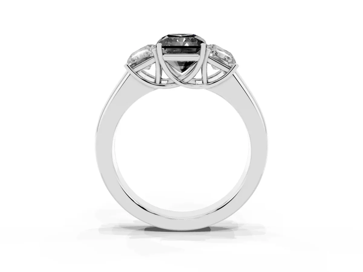 Fancy Black Three-Stone Radiant Cut Cut Diamond Ring with Prong Setting and Classic Band Silver