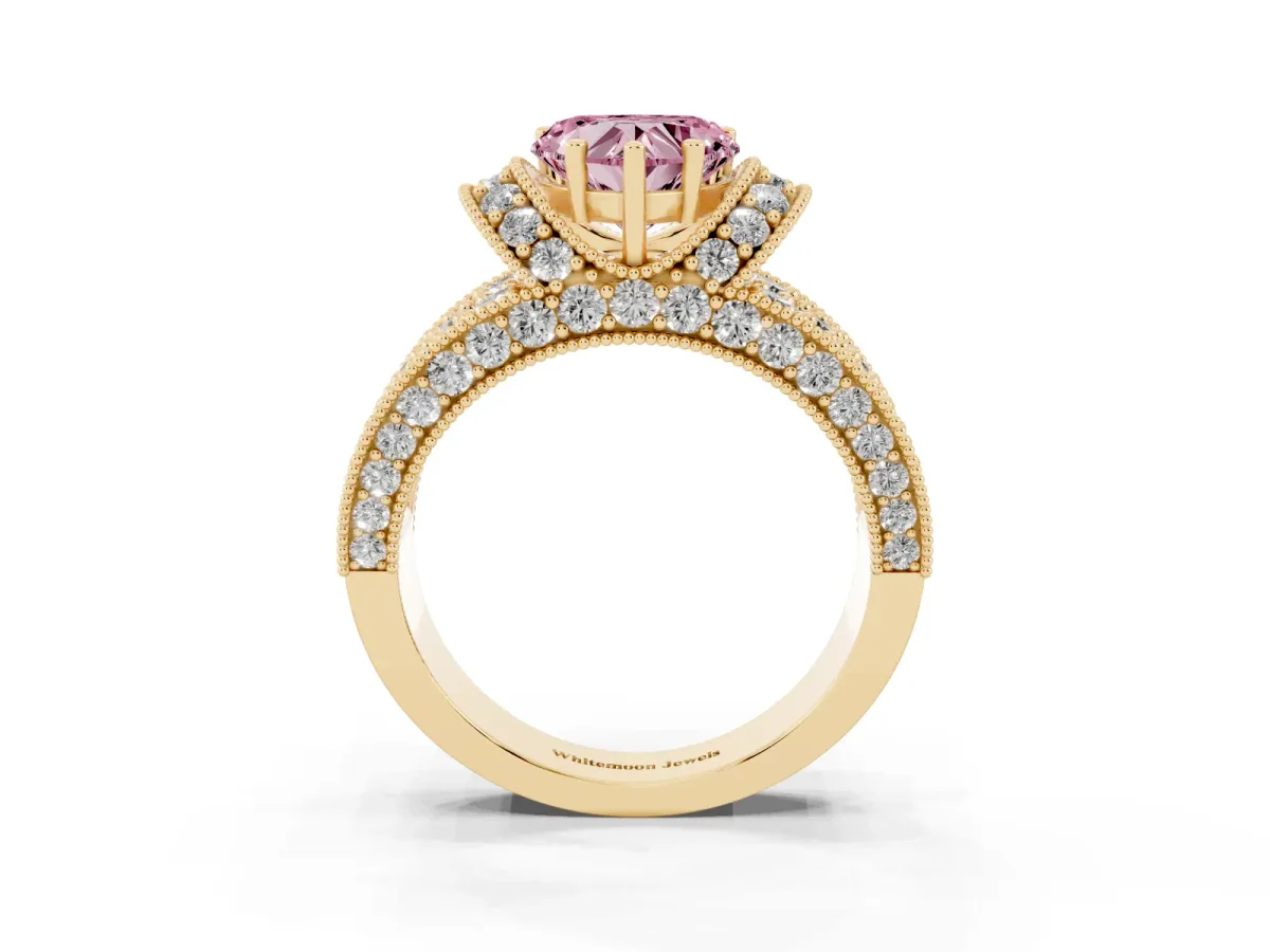 Fancy Pink Heart Cut Halo Pave Diamond Engagement Ring with Milgrain Detailing Yellow gold