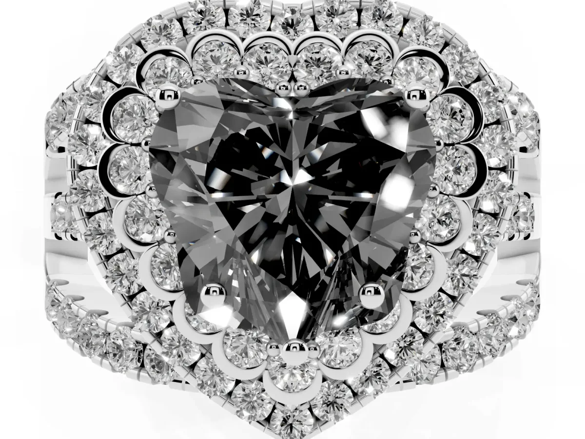 Fancy Black Heart Cut Diamond Double Halo Ring with Round Pavé Split Shank and Prong Setting Silver