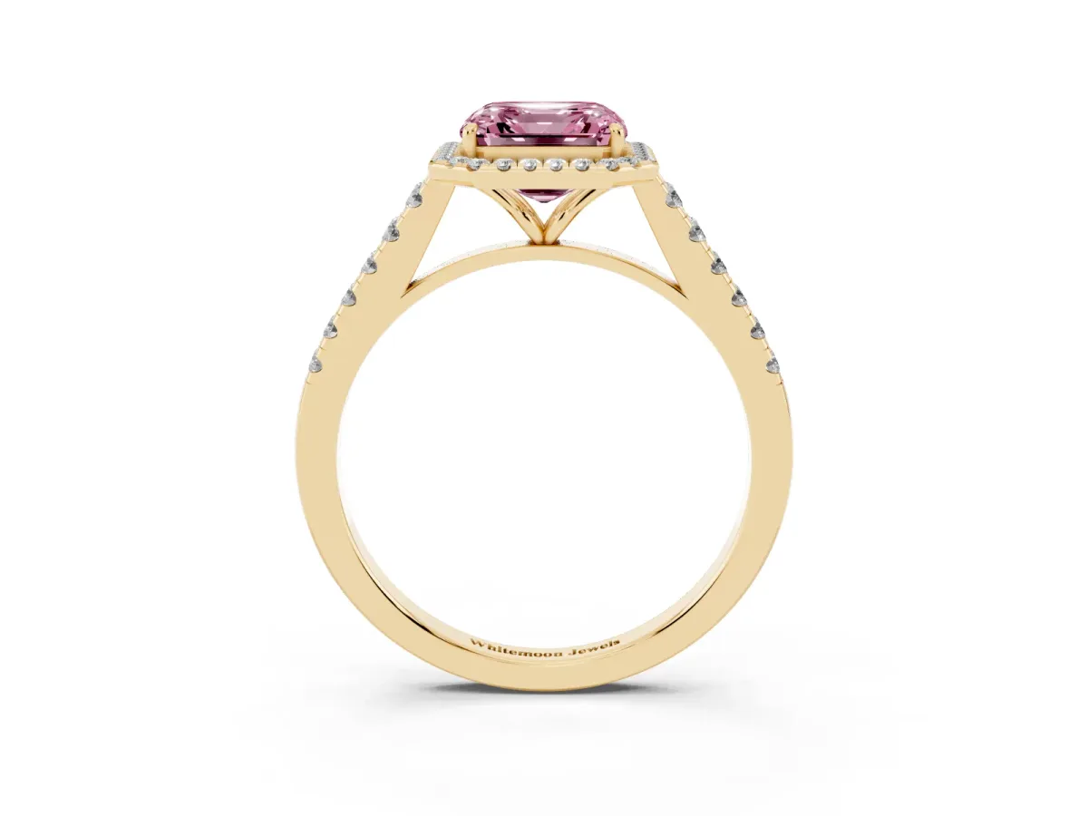 Fancy Pink Asscher Cut Halo Pave Diamond Engagement Ring with Four-Prong Setting Yellow gold