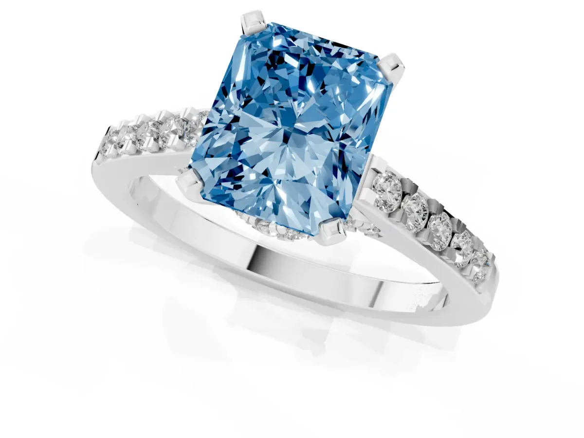 Fancy Blue Radiant Cut Diamond Solitaire Ring with Crossover Gallery and Round Pavé Band Platinum