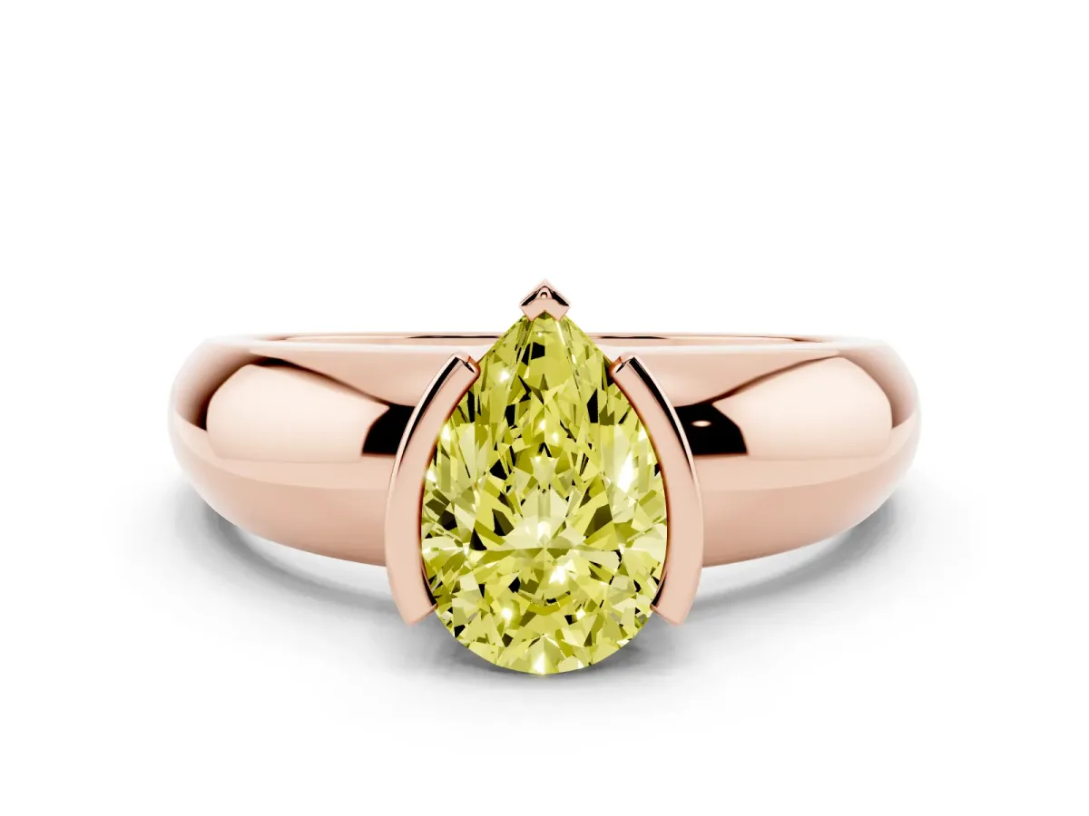 Fancy Yellow Pear Cut Solitaire Tension Set Diamond Ring with Wide Band Rose gold