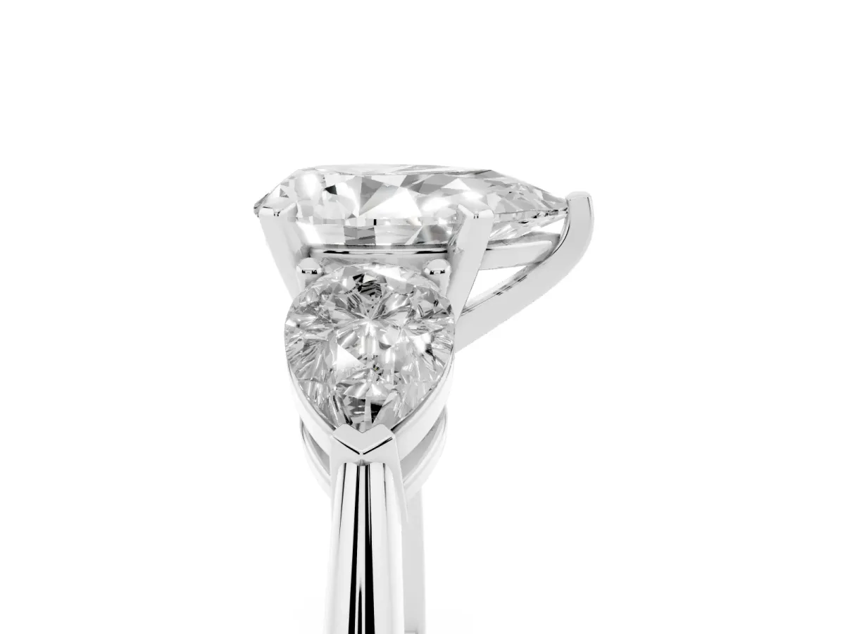 Three-Stone Pear Cut Diamond Ring with Pear Side Stones and Four-Prong Setting Silver