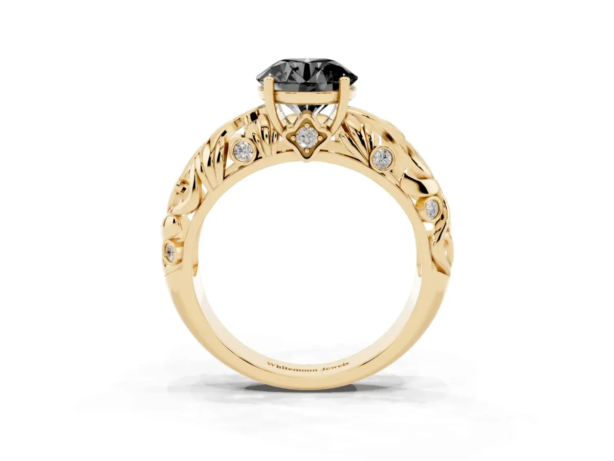 Fancy Black Round Cut Solitaire Diamond Leaf-Inspired Vine Band Ring with Prong Setting Yellow gold