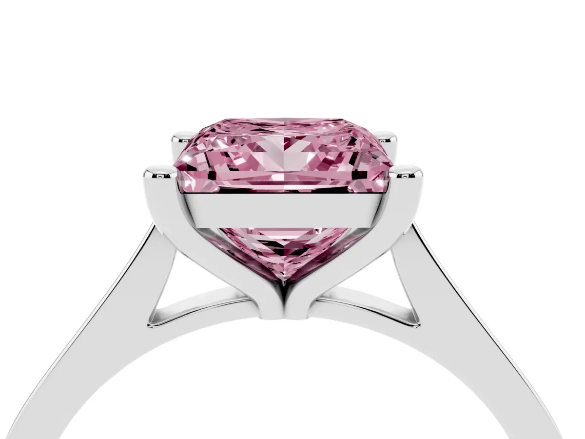 Fancy Pink Princess Cut Solitaire Diamond Ring with Four-Prong Setting and Tapered Band Silver