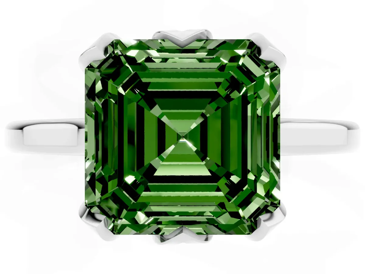Fancy Green Asscher Cut Diamond Solitaire Ring with Flower Prong Setting and Classic Band Silver
