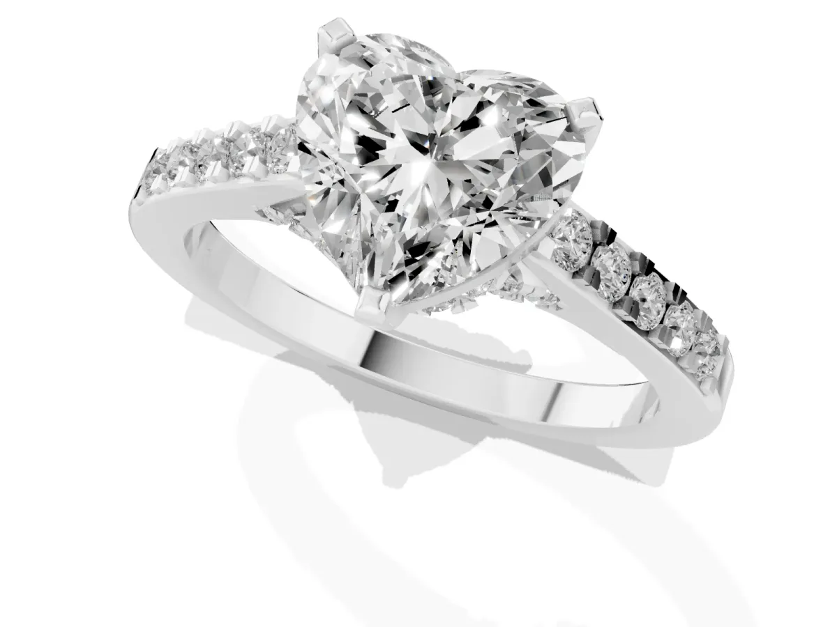 Heart Cut Diamond Solitaire Ring with Crossover Gallery and Round Pavé Band Platinum