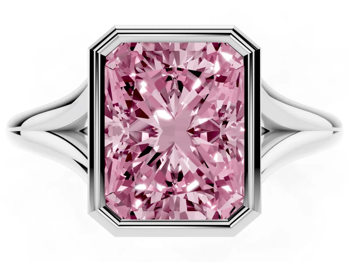 Fancy Pink Bezel Set Radiant Cut Cut Solitaire Ring with Tapered Band Silver