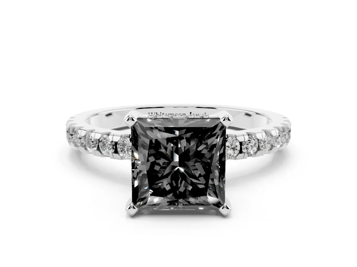 Fancy Black Princess Cut Diamond Solitaire Ring with Round Pavé Band and Four-Prong Setting White gold