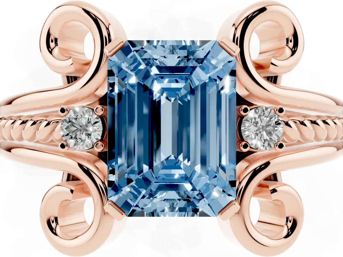 Fancy Blue Emerald Cut Solitaire Twisted Band Scroll Prong Ring Rose gold