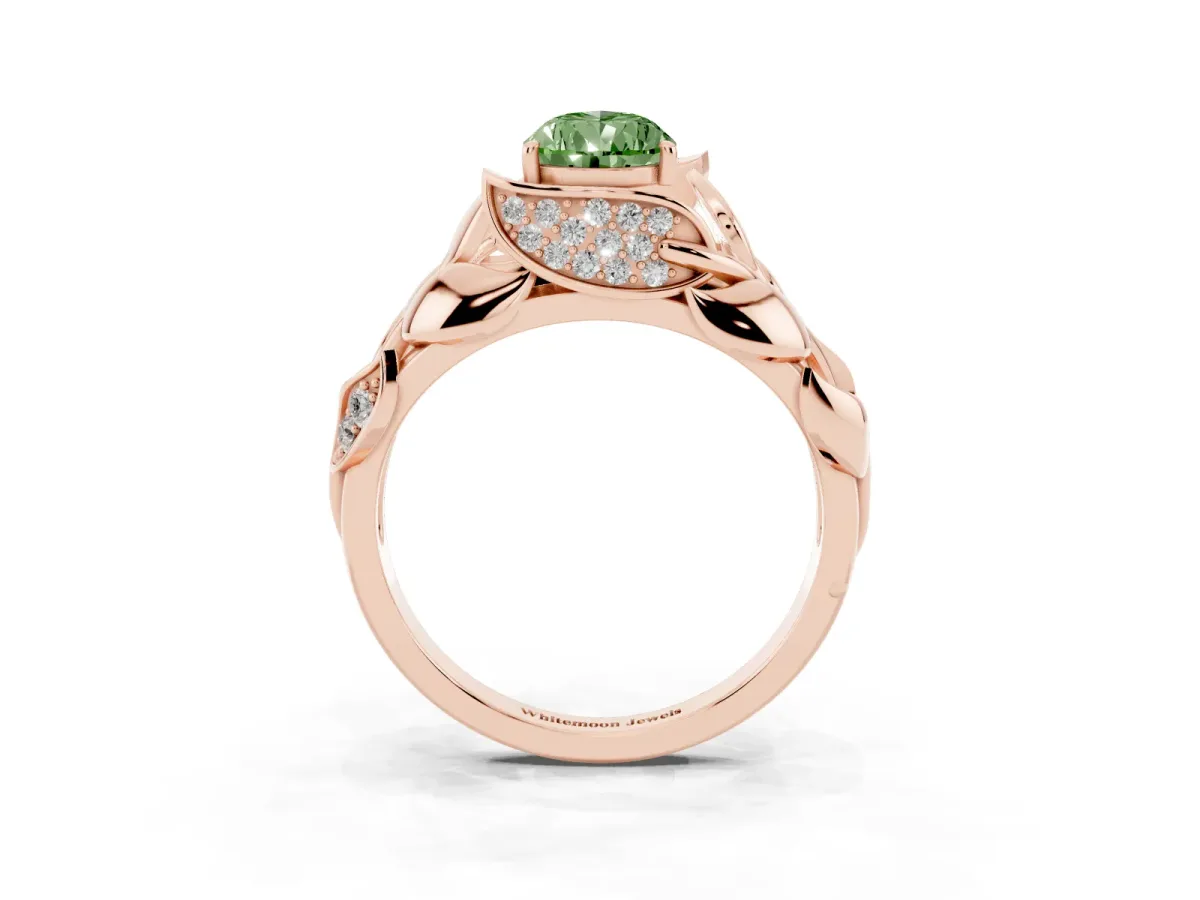 Fancy Green Pear Cut Diamond Leaf-Inspired Engagement Ring with Round Accents and Prong Setting Rose gold