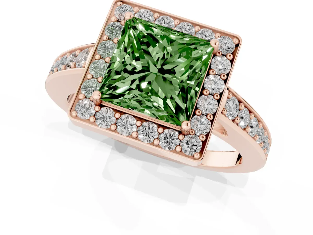 Fancy Green Princess Cut Halo Pavé Diamond Engagement Ring with Bezel Setting Rose gold