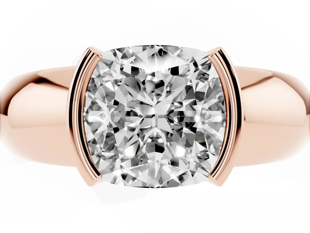 Cushion Cut Solitaire Tension Set Diamond Ring with Wide Band Rose gold