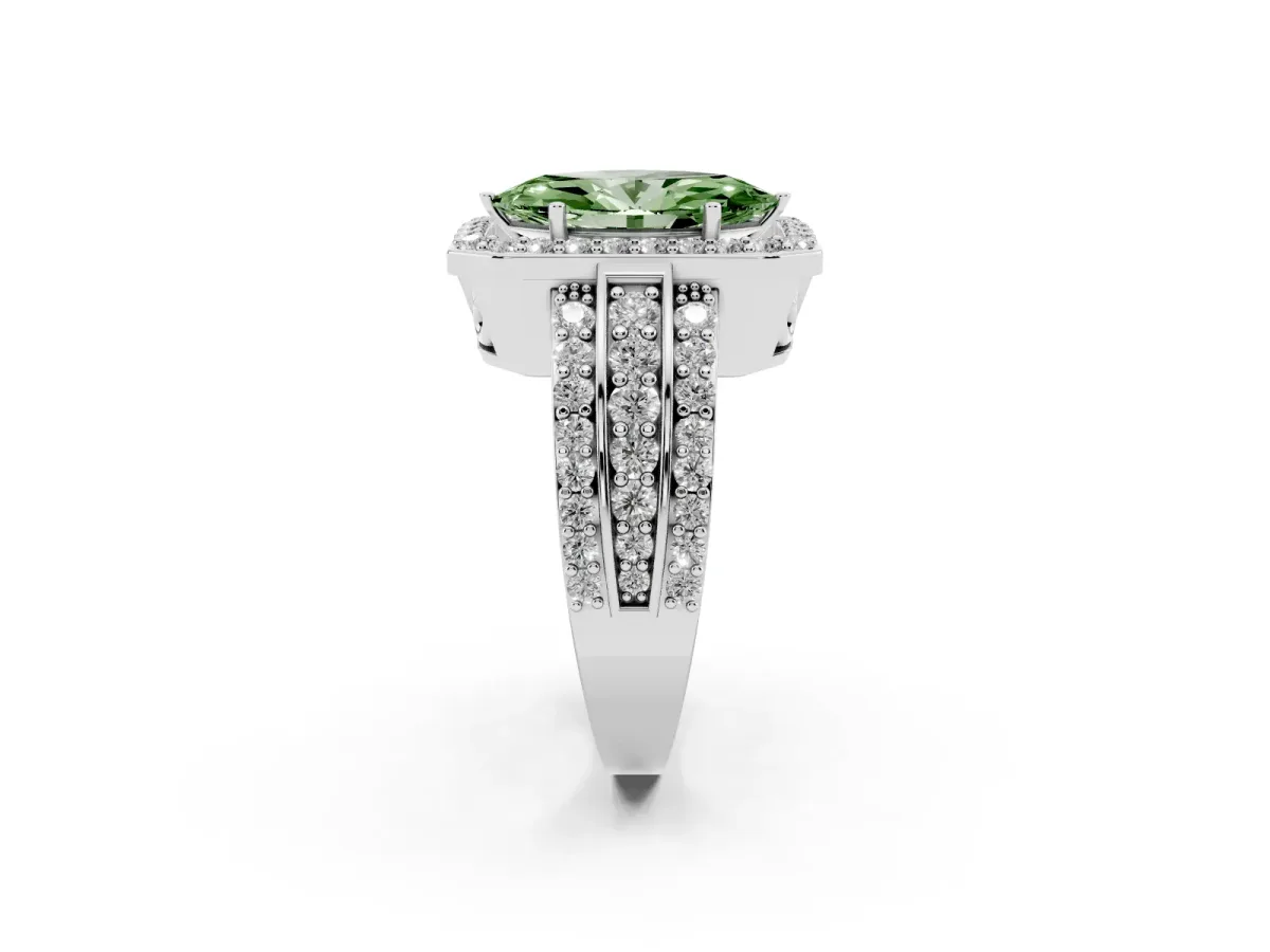 Fancy Green Marquise Cut Halo Diamond Ring with Round Split Shank and Prong Setting Silver