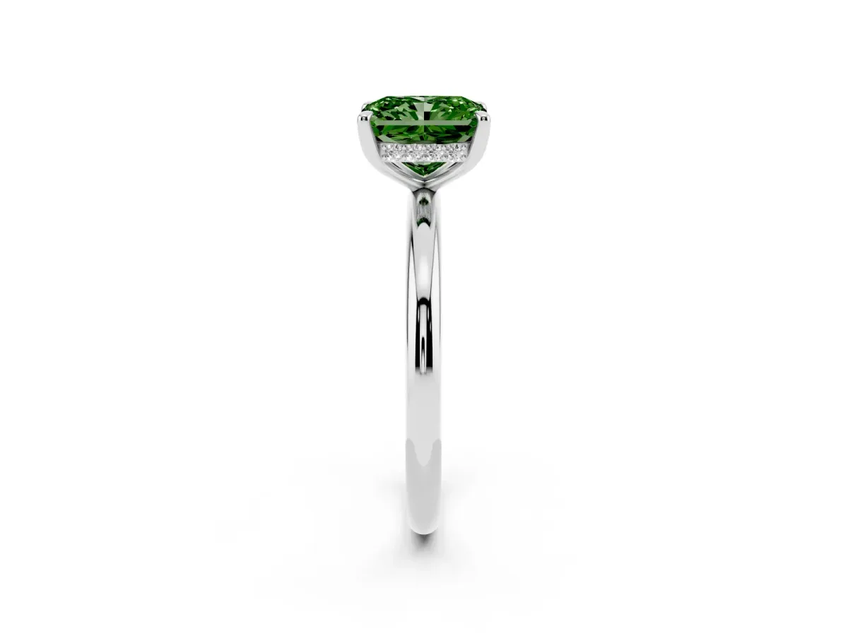 Fancy Green Radiant Cut Diamond Solitaire Ring with Thin Band and Four-Prong Setting Platinum