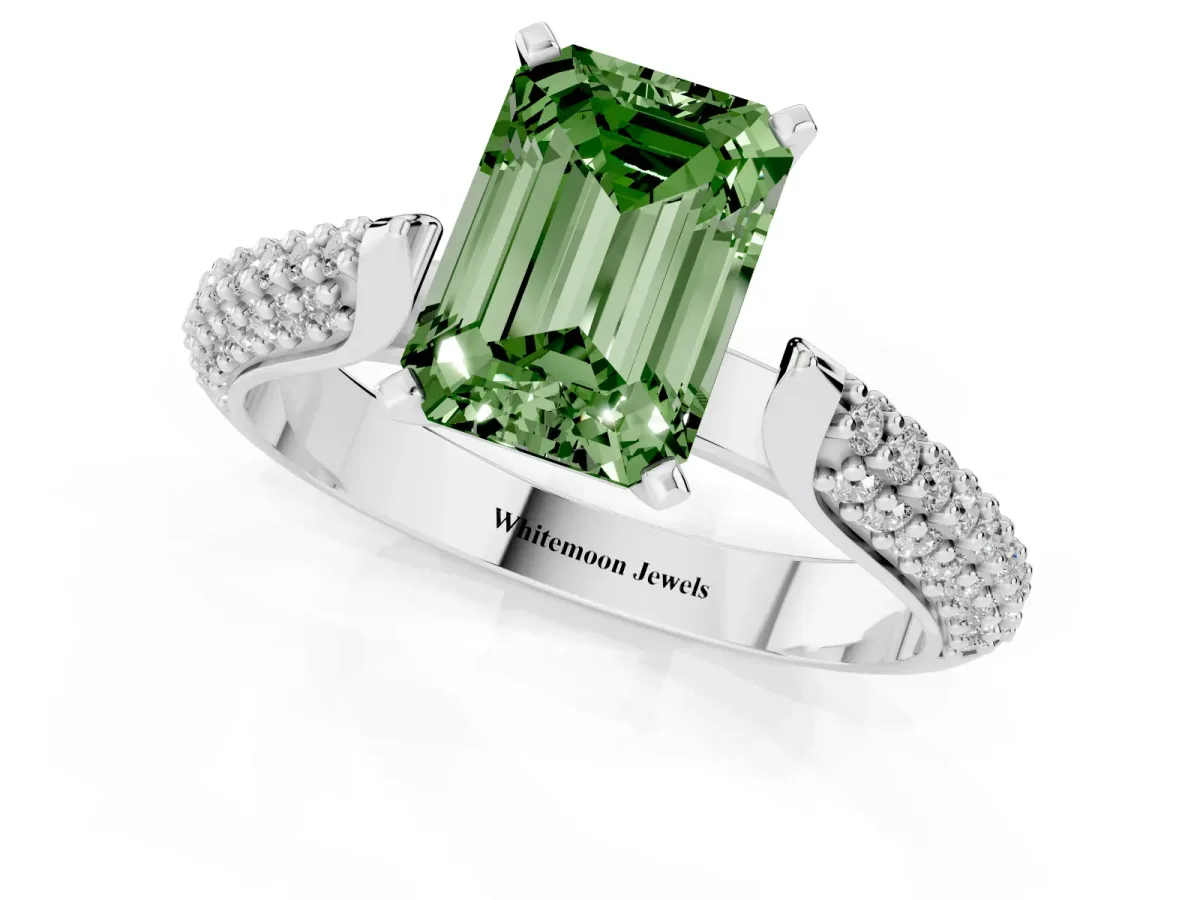 Fancy Green Emerald Cut Diamond Solitaire Engagement Ring with Multi-Row Round Pavé Band and Prong Setting Silver