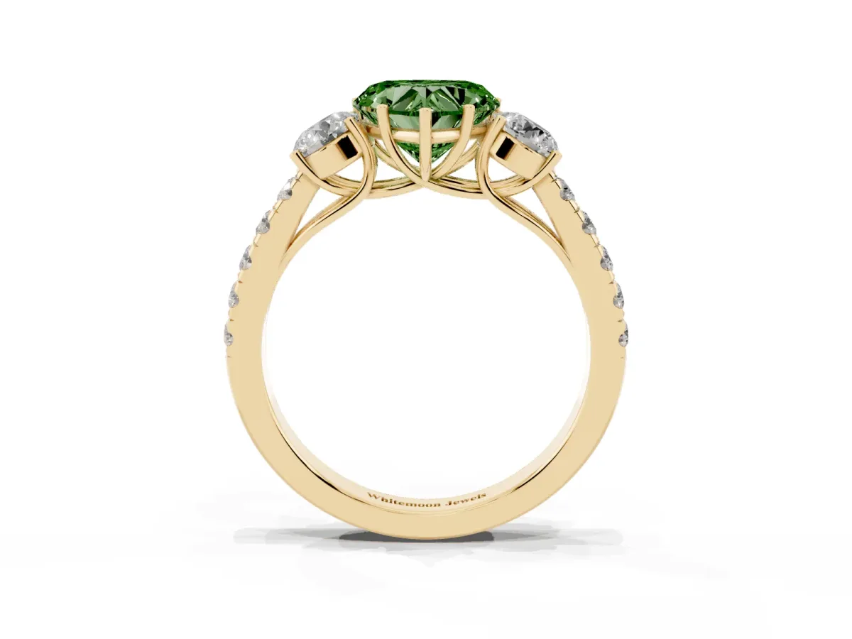 Fancy Green Heart Cut Cut Diamond Three-Stone Ring with Round Side Stones and Pavé Band Yellow gold