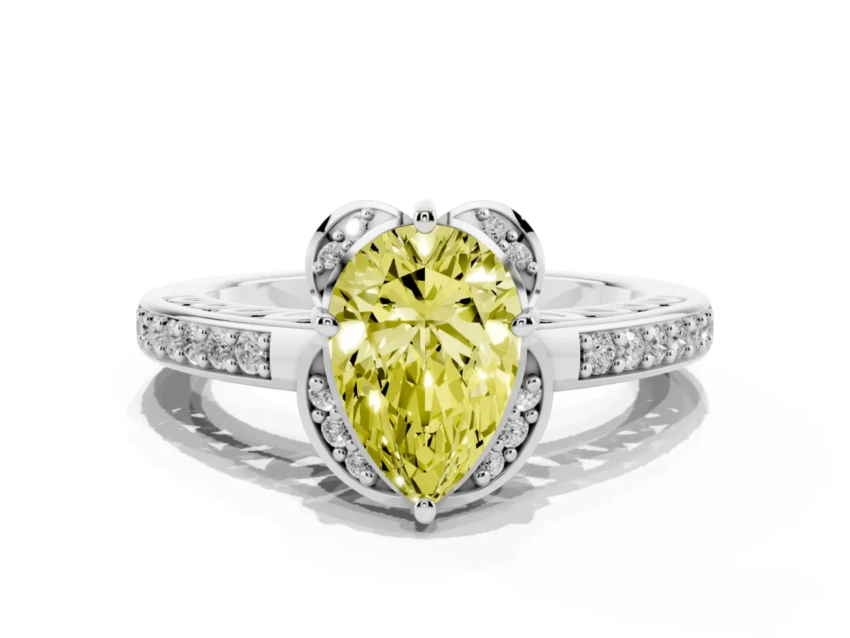 Fancy Yellow Pear Cut Cut Halo Diamond Ring with Channel Set Band and Four-Prong Setting White gold