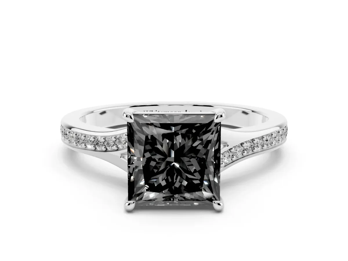 Fancy Black Princess Cut Diamond Solitaire Ring with Pavé Band and Prong Setting Silver