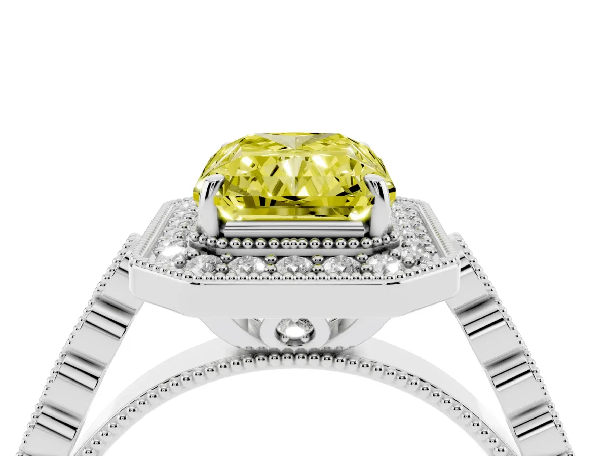 Fancy Yellow Radiant Cut Halo Milgrain Solitaire with Bezel Set Side Stones and Pave Band Platinum